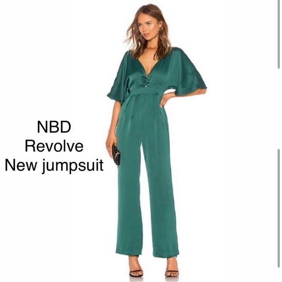 NWT NBD XS Elijah Emerald Green Holiday Wedding guest wide leg Revolve Jumpsuit - Picture 1 of 8